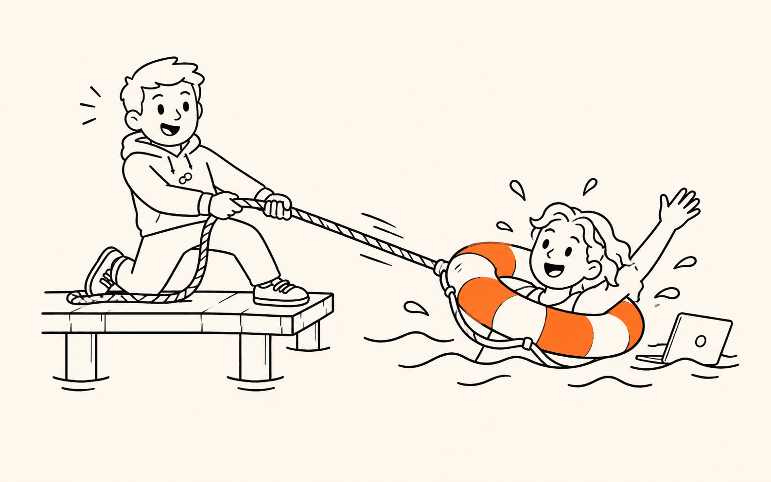 The ClimbX founder pulling a grateful customer to safety in an orange life ring